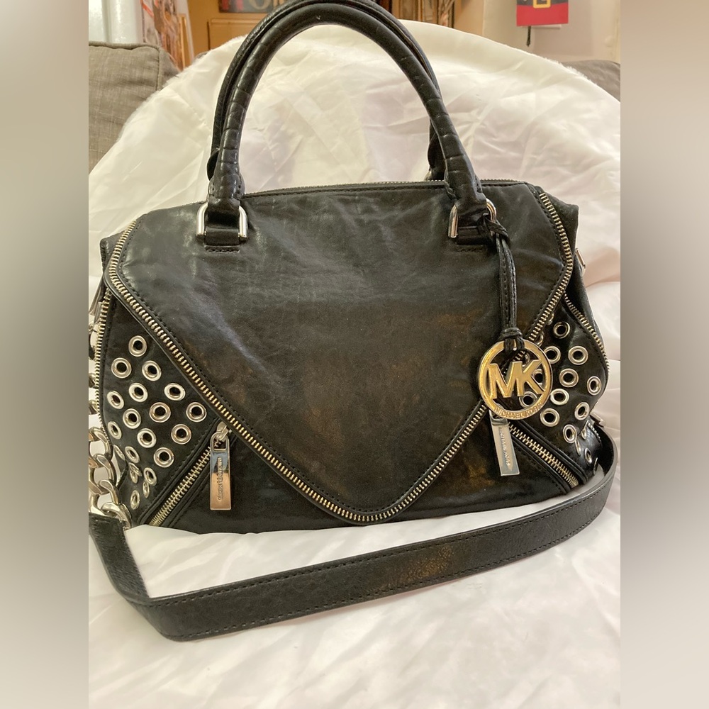 Michael Kors Black Leather Satchel with Silver Hardware